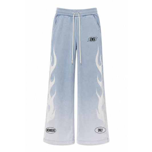 Light blue flared sweatpants with white flame graphics, drawstring waist, and Almost Someday Members branding.