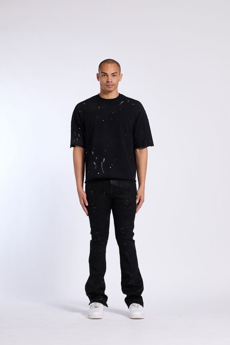 Crysp Denim | Onyx Rhinestone Stacked Pants - Black Wax