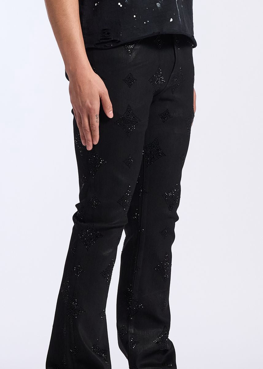 Crysp Denim | Onyx Rhinestone Stacked Pants - Black Wax