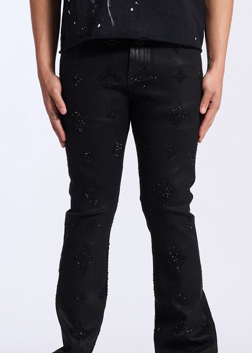 Crysp Denim | Onyx Rhinestone Stacked Pants - Black Wax