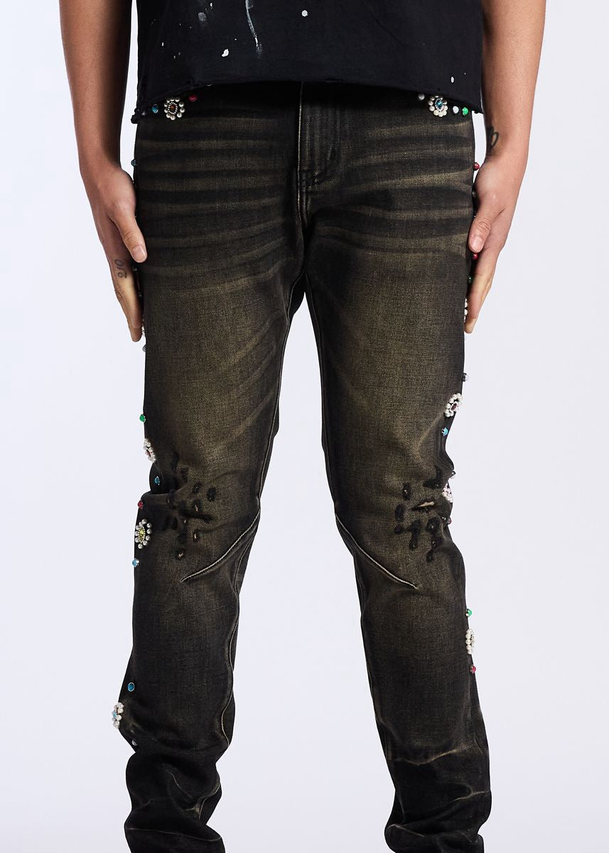 man wearing Crysp Denim | Floral Rhinestone Skinny Jeans with stylish embellishments and a relaxed fit