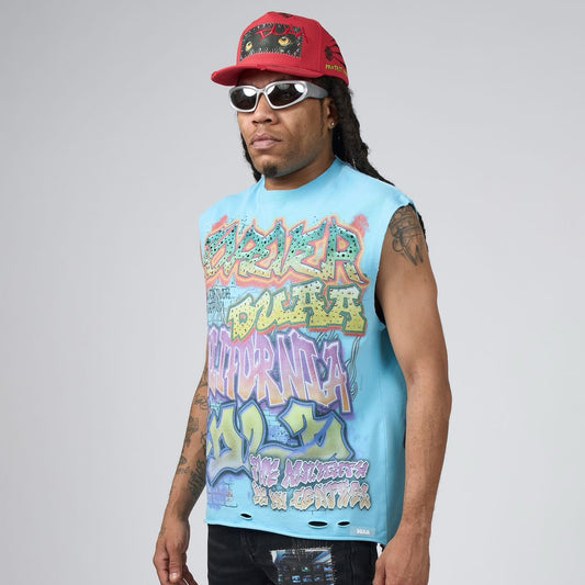 Duaa | Wall Cut Off Tee - Blue