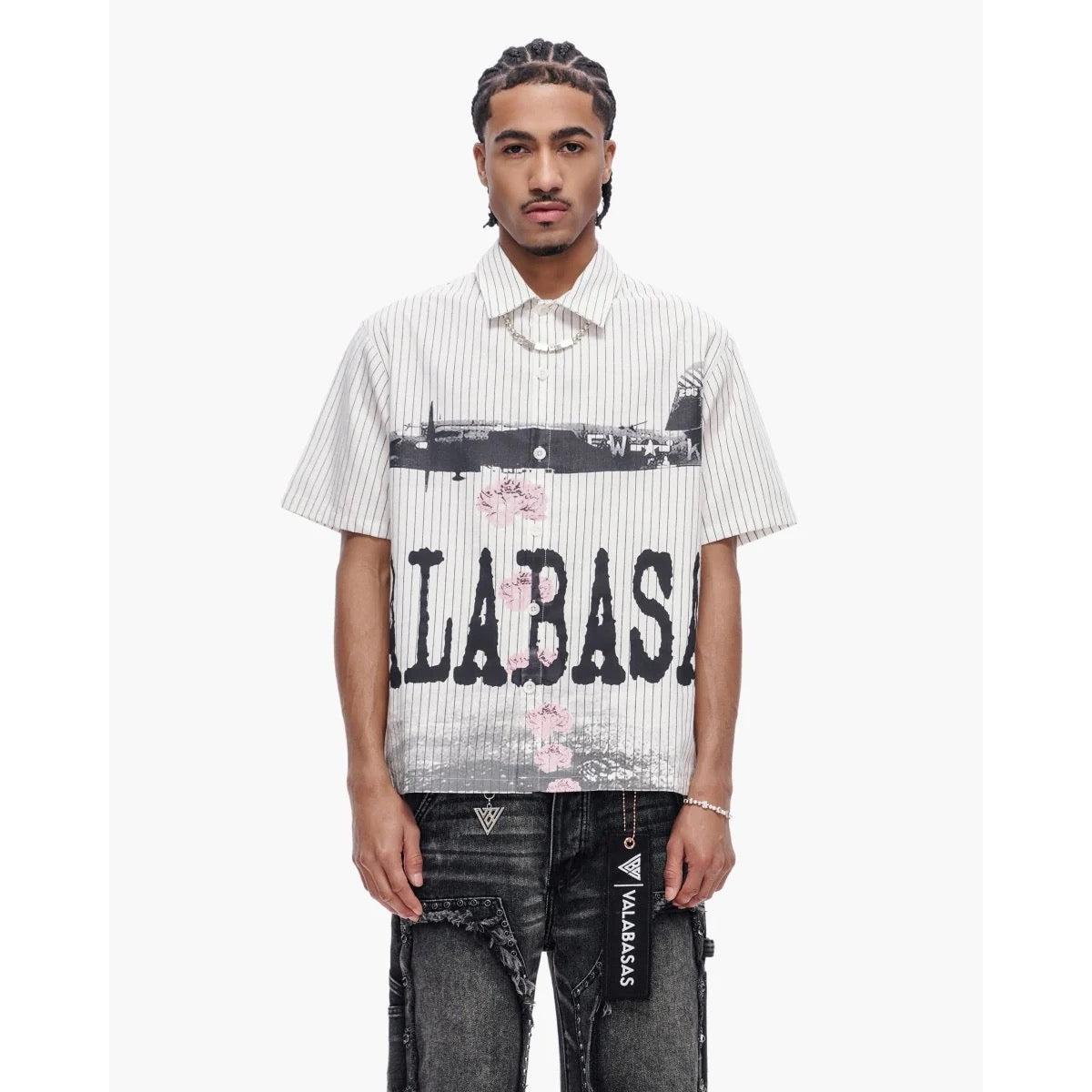 Valabasas | Flower Bomb Pin-Striped Button Up - White