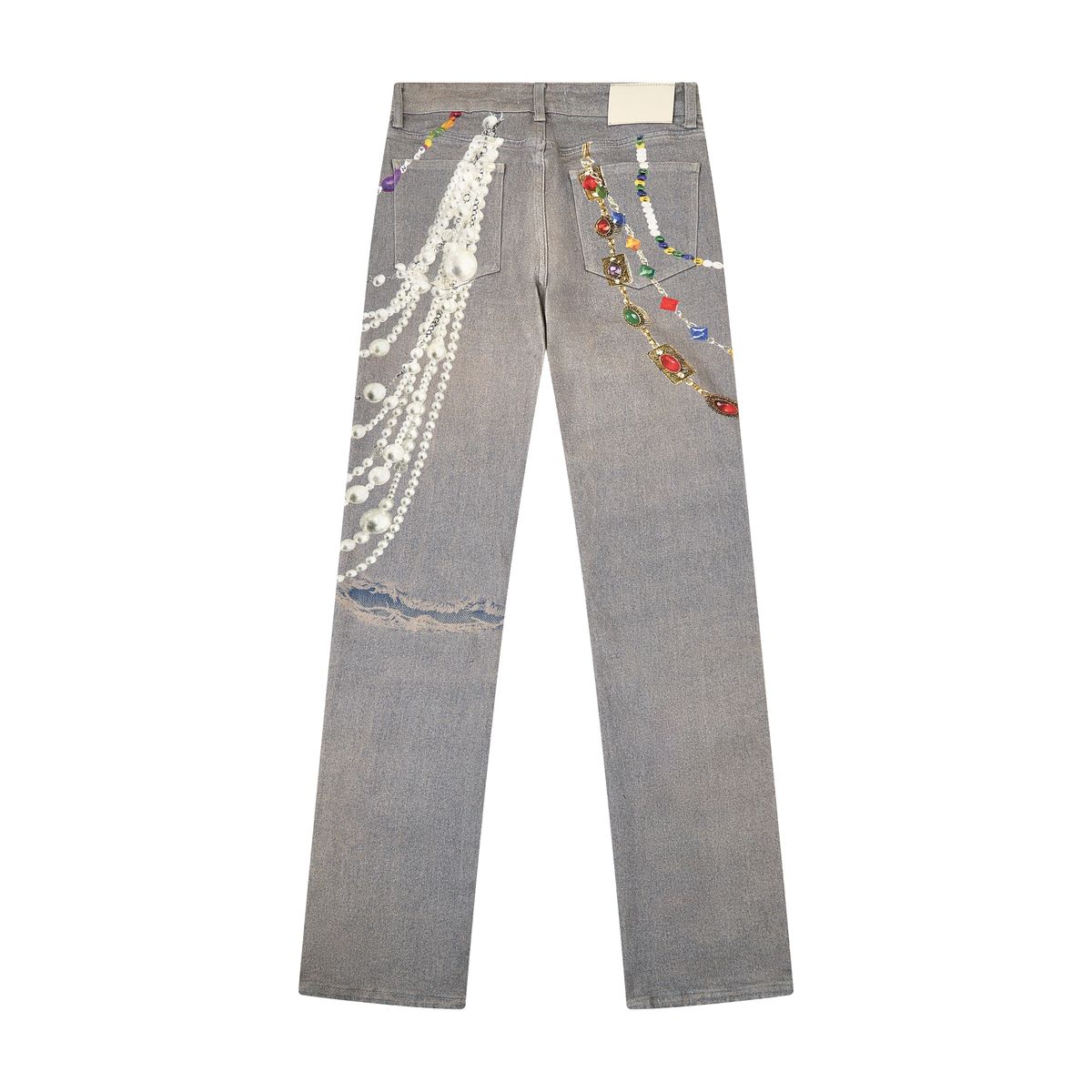 printed vintage wash jeans with chain print and printed rips back view