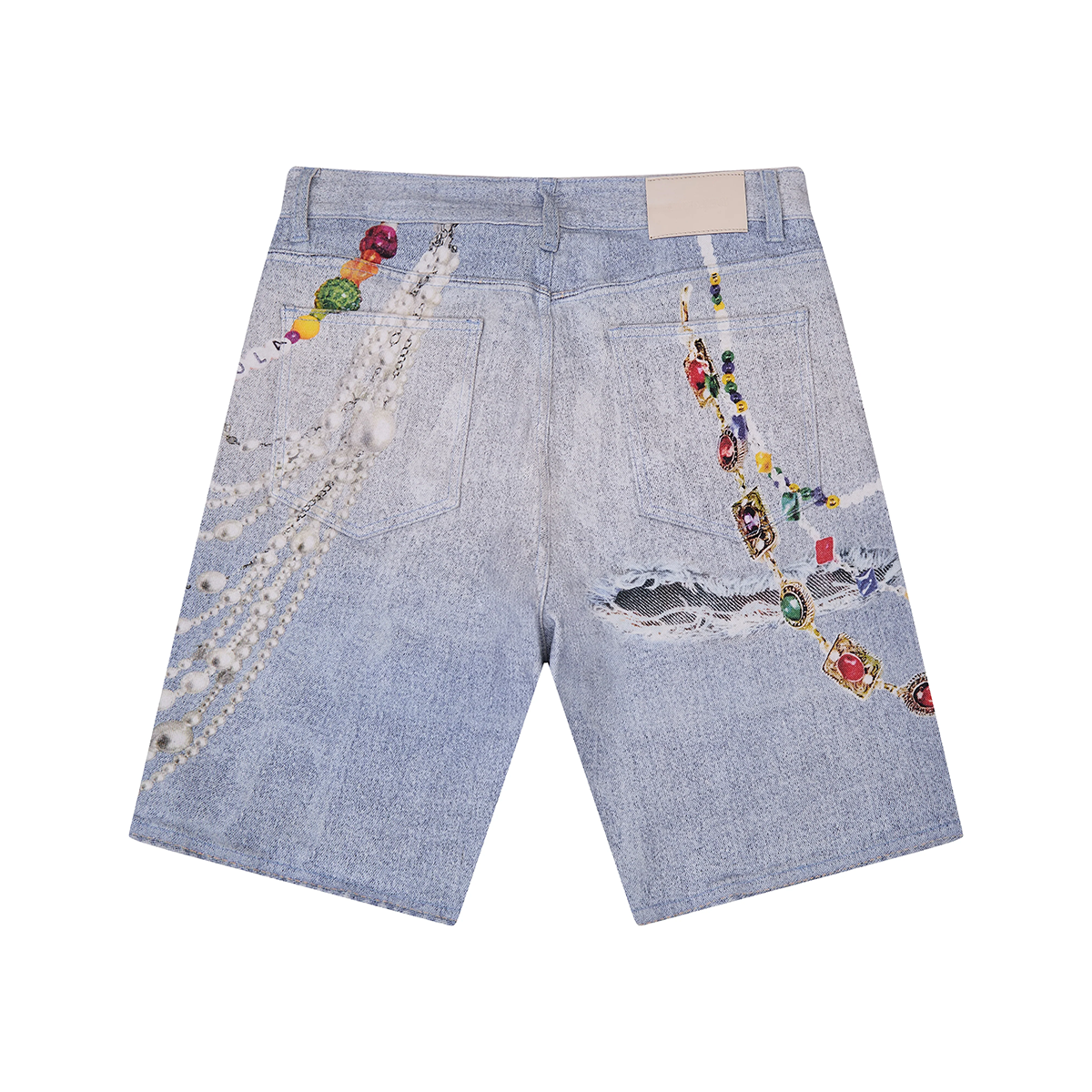 Denim shorts with colorful printed embellishments on a white background