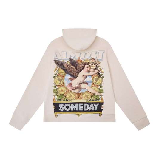 Beige hoodie with angel graphic and 'SOMEDAY' text on a white background