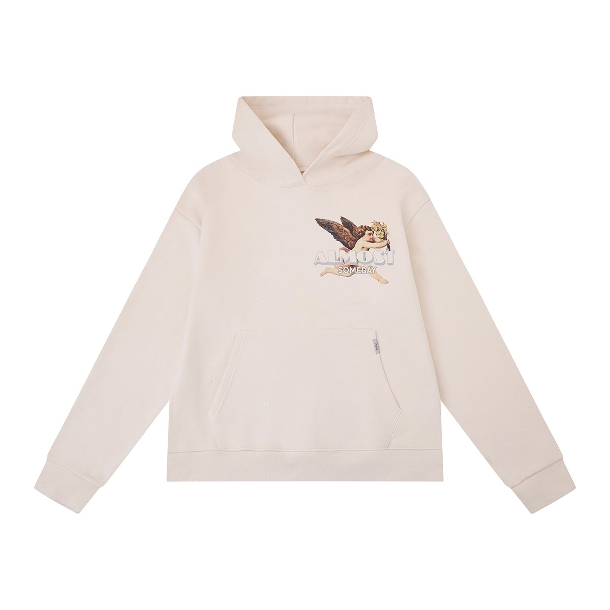 Beige hoodie with a graphic design on a white background