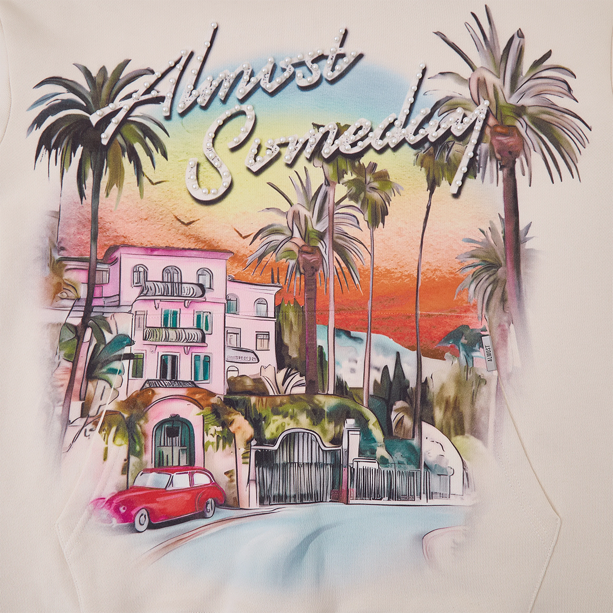 Illustration of a tropical scene with palm trees, a pink building, and a red car, featuring the text 'Almost Someday'.