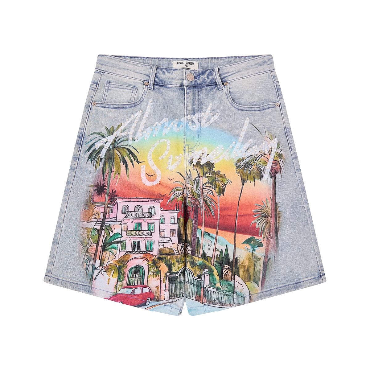light blue denim shorts with immersive hollywood print and pearl script across branding