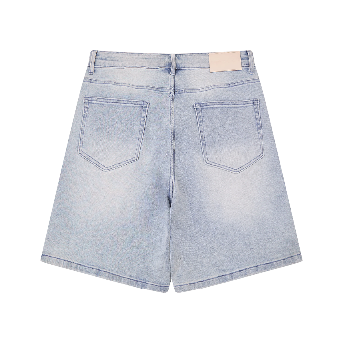 back of light blue jeans shorts with tan leather patch