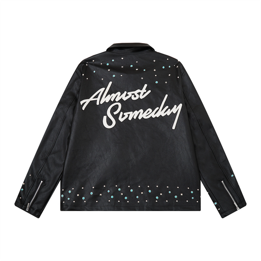 Black leather jacket with 'Almost Someday' text on a white background