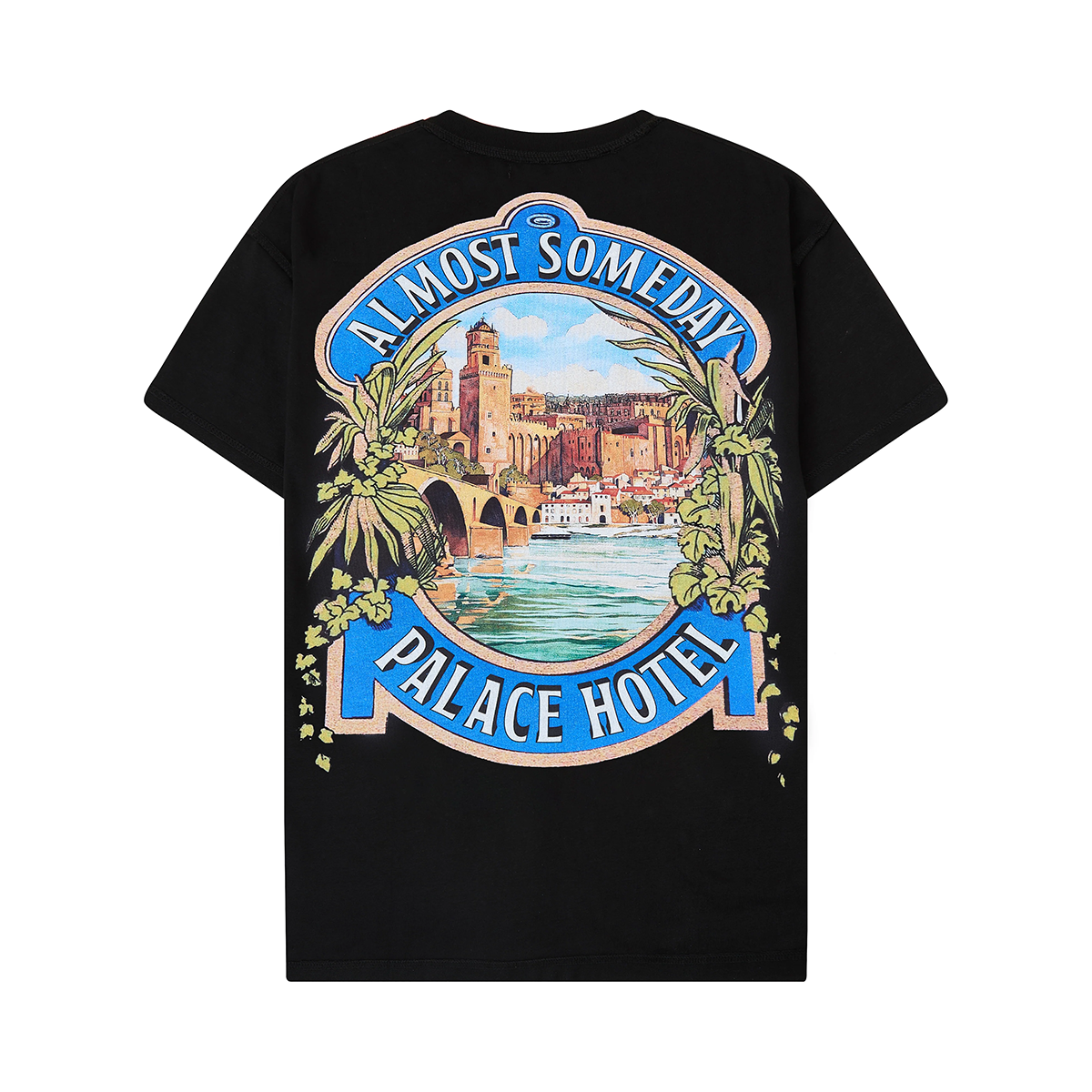 Black t-shirt with 'Almost Someday Palace Hotel' graphic design on a white background