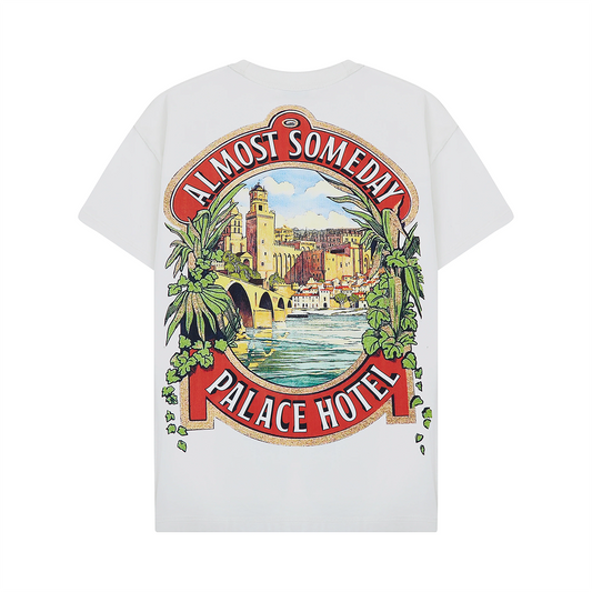 White t-shirt with 'Almost Someday Palace Hotel' graphic design on a white background