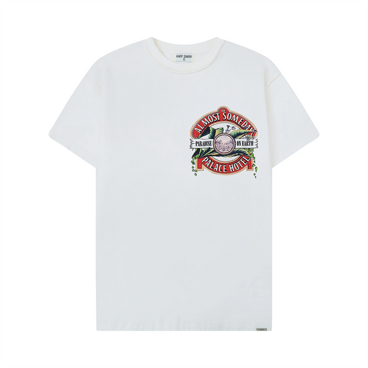 White t-shirt with a colorful graphic design on a white background