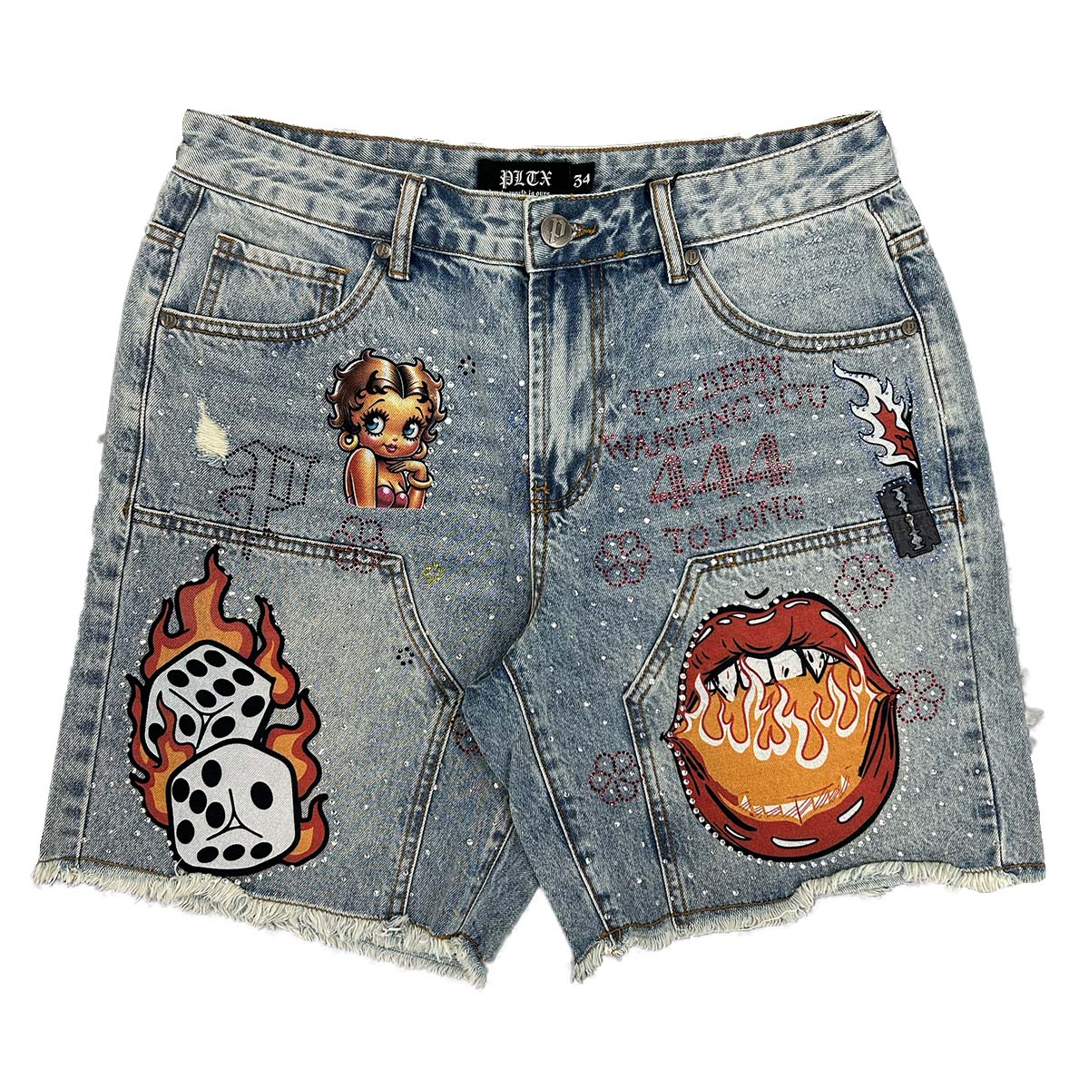 politics-austin-jorts-blue-wash-mens-jean-short-dice-print-rhinestone-shorts-6-rings-clothing