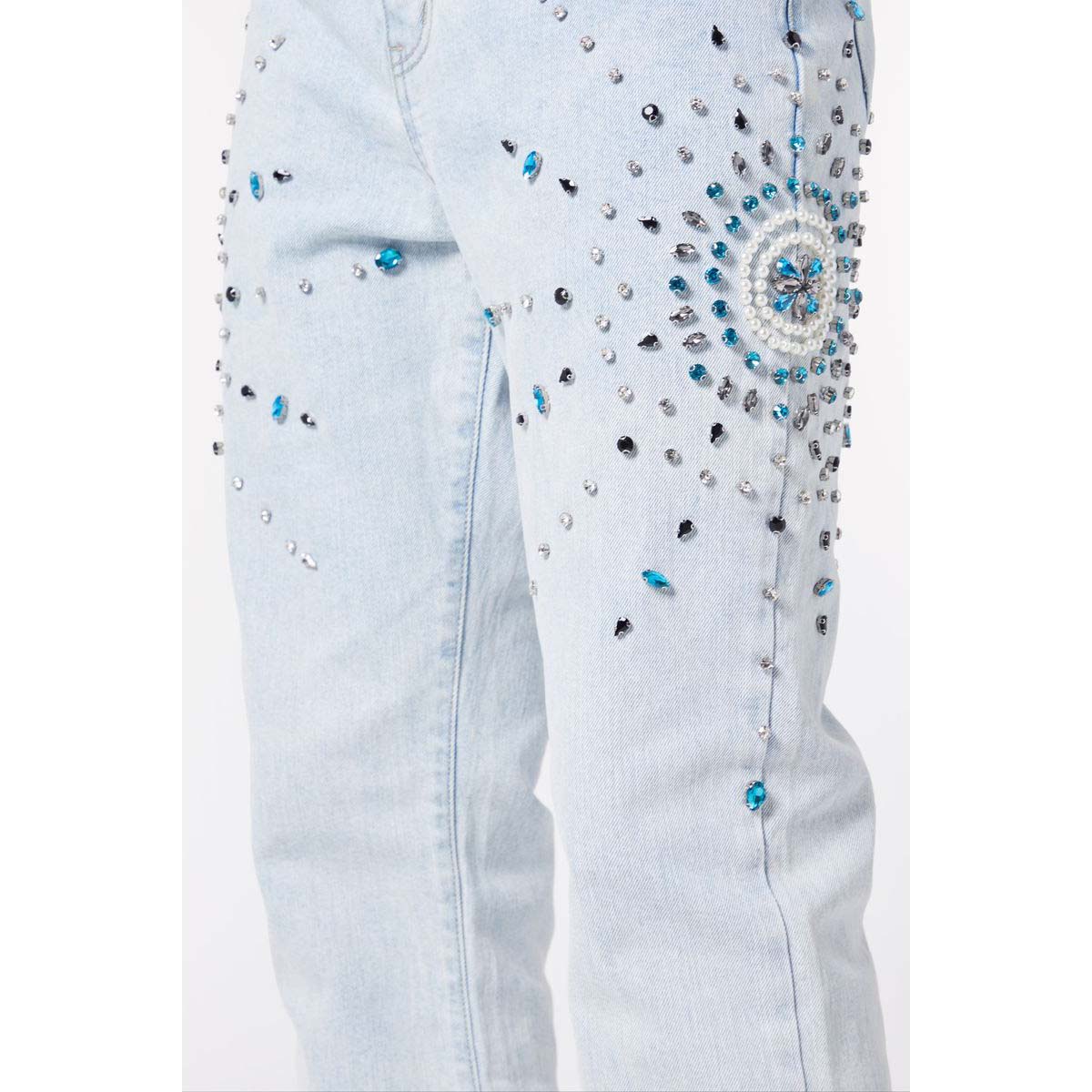 Guapi | Aqua Blue Gem Embellished Flared Denim – 6 Rings