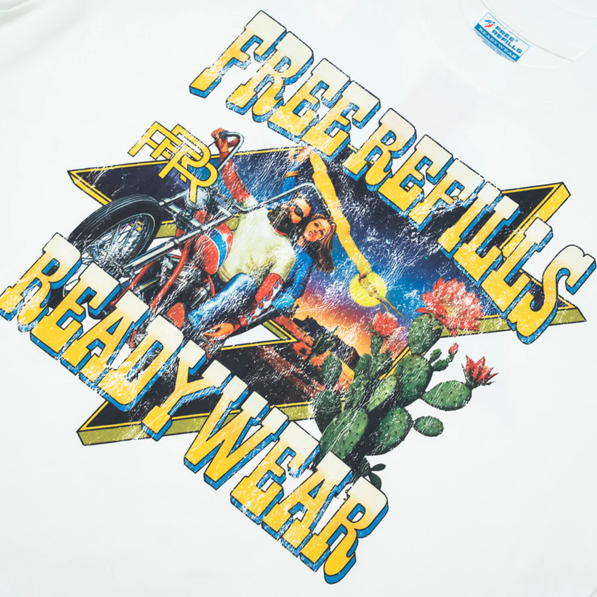 Free Refills davidson motorcycle desert graphic streetwear tee front view close up