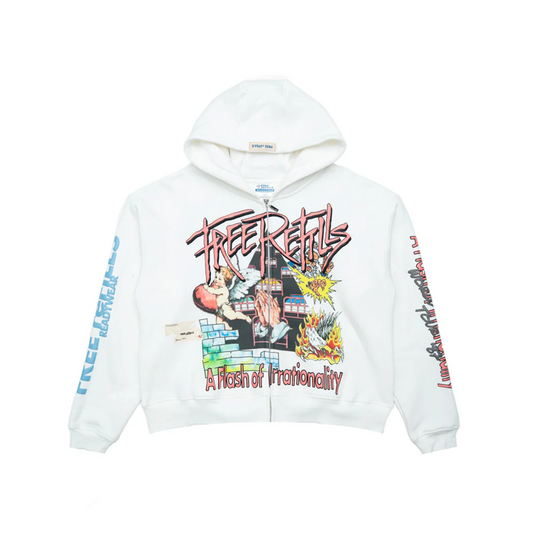 Free Refills World Tour cropped zip hoodie with collage artwork and bold logo design front view