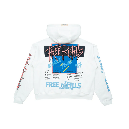 Free Refills World Tour cropped zip hoodie with collage artwork and bold logo design back view
