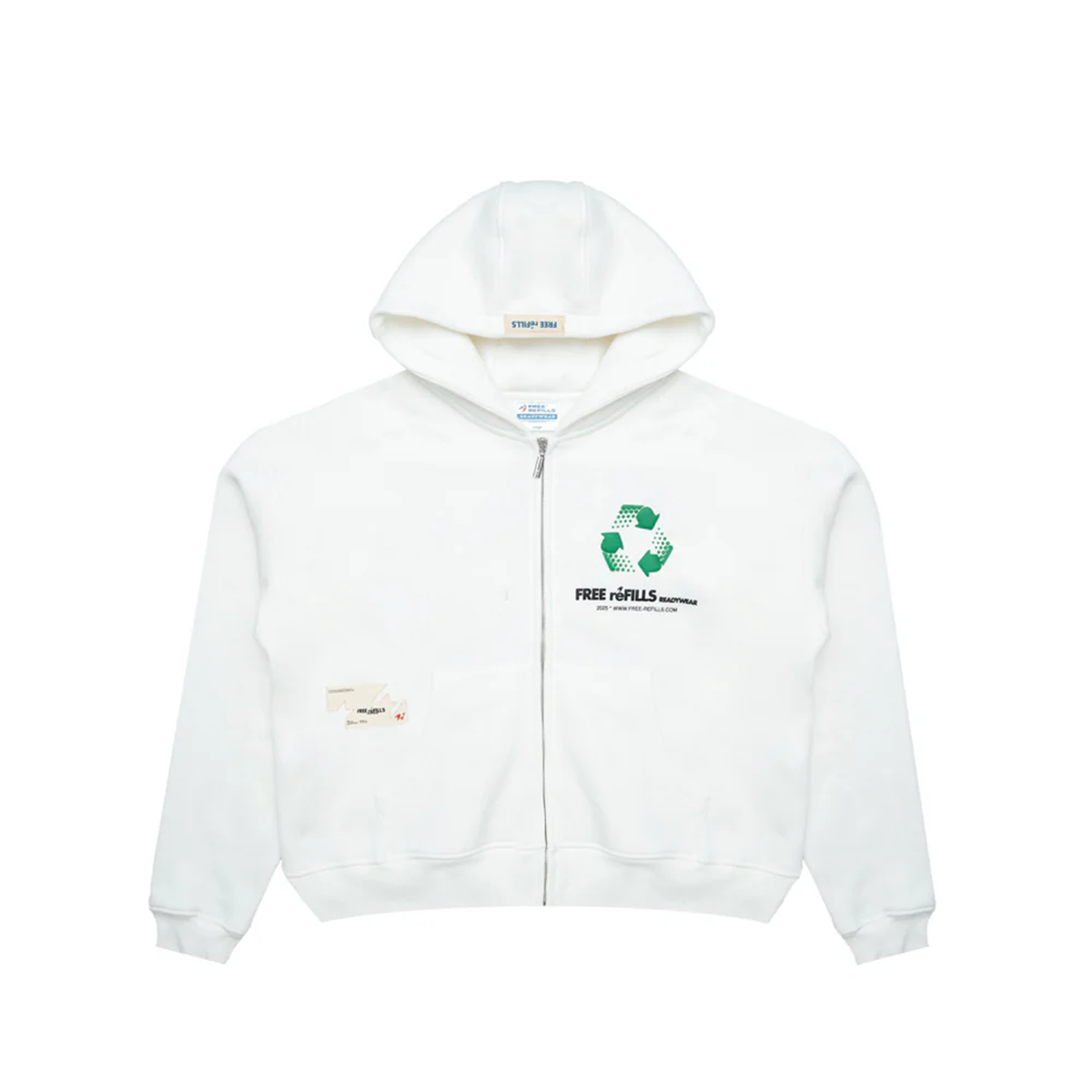 Free refills reduce reuse recycle zip up hoodie with puff print front view 