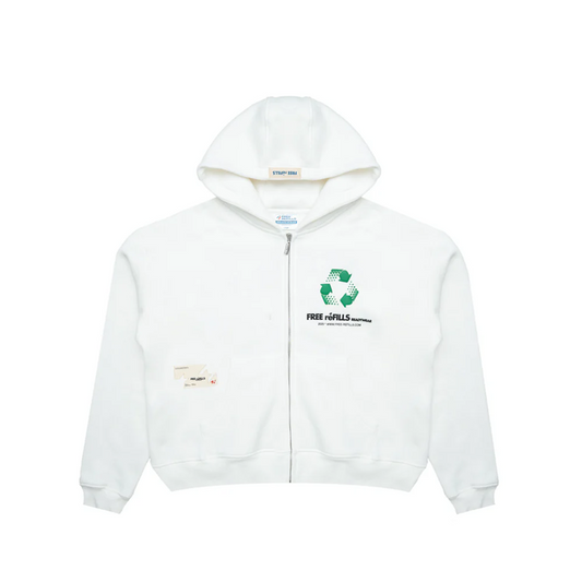 Free refills reduce reuse recycle zip up hoodie with puff print front view 