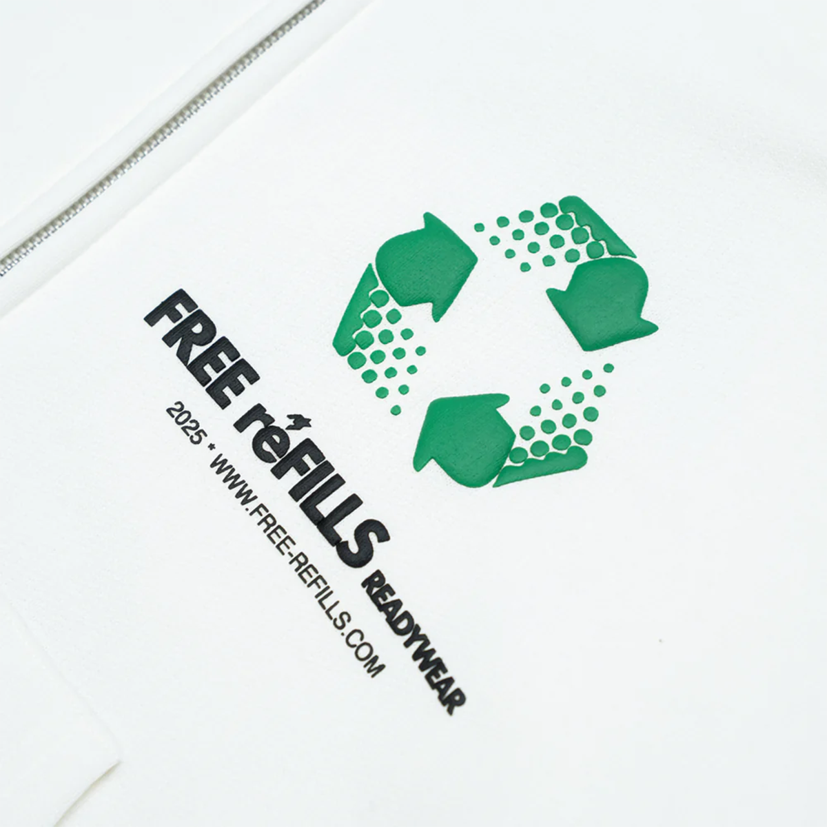 Free refills reduce reuse recycle zip up hoodie with puff print front view close up