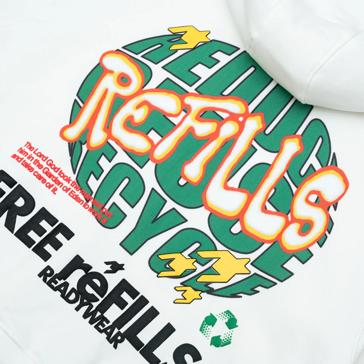 Free refills reduce reuse recycle zip up hoodie with puff print back view close up