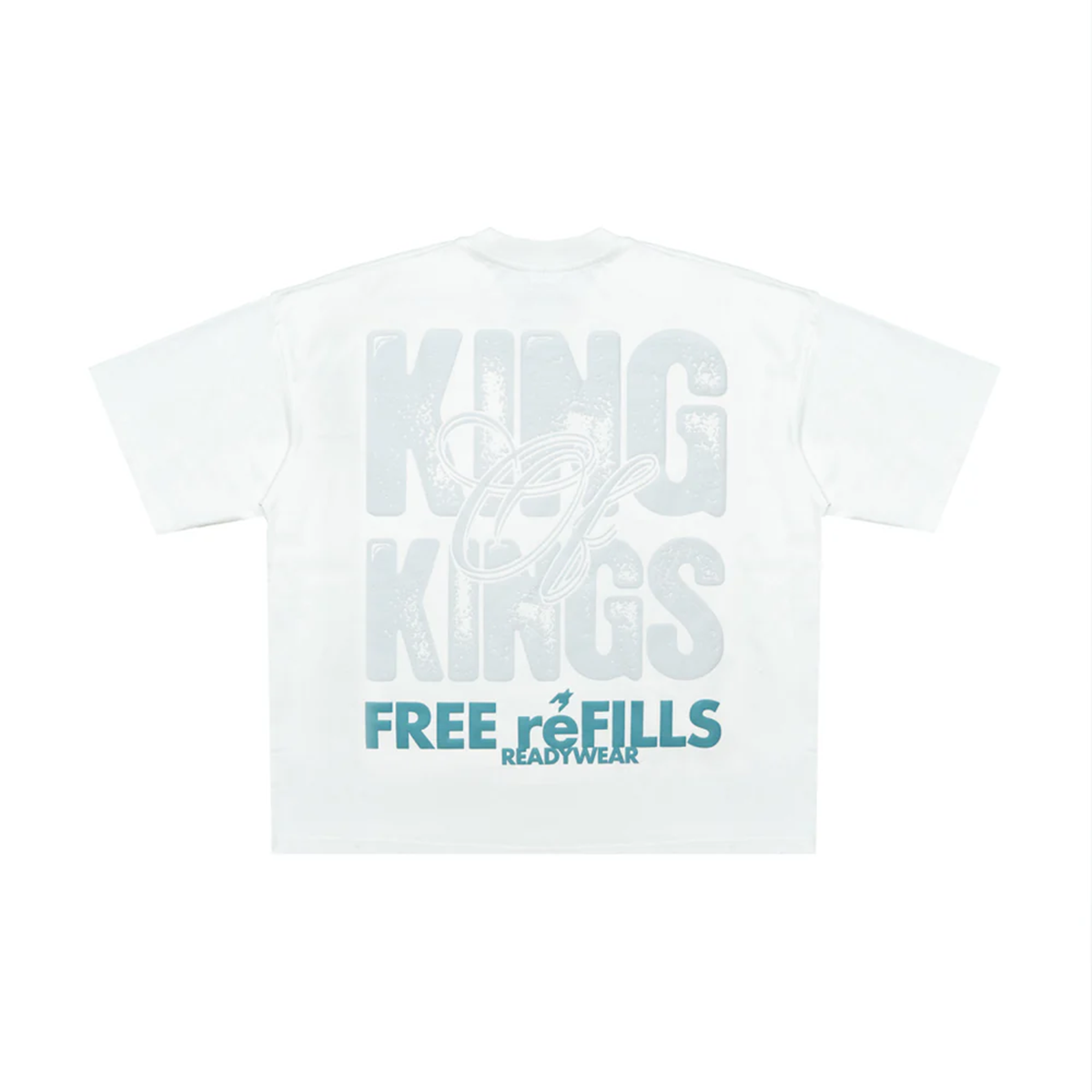 White t-shirt with text 'Kings of Kings' and 'Free Refills Ready Wear' on a white background