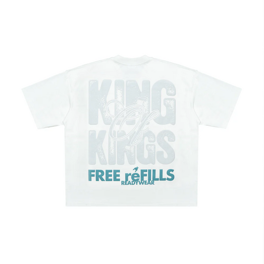 White t-shirt with text 'Kings of Kings' and 'Free Refills Ready Wear' on a white background