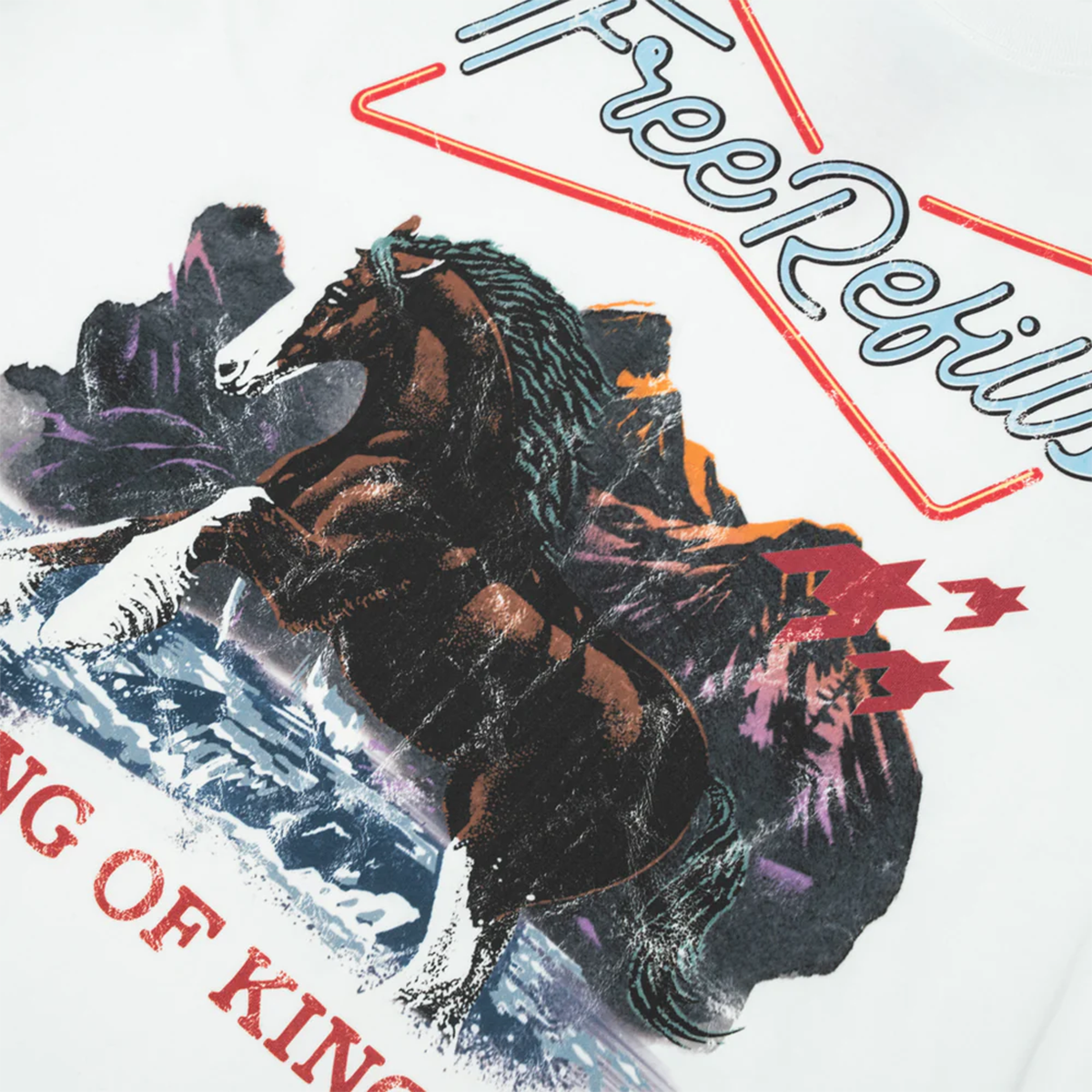 Free Refills King of Kings streetwear tee featuring neon script logo and running horse design front view close view