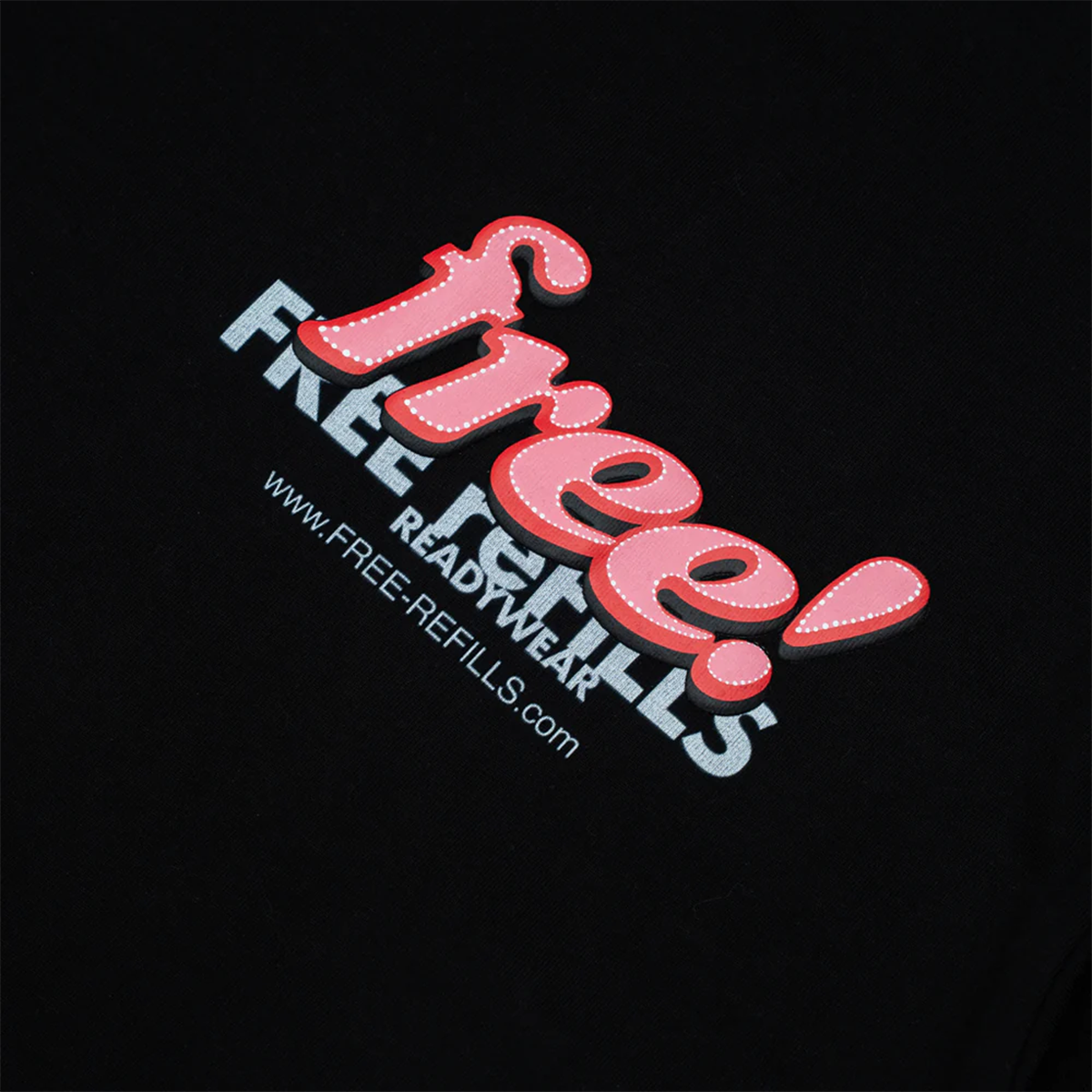 Free Refills Free 3:16 black tee front view with small chest logo close up