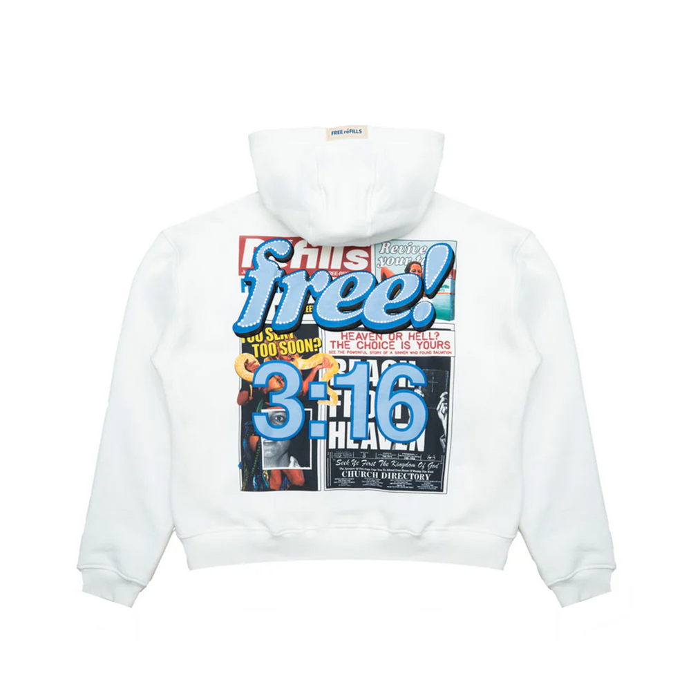 free refills tabloid off white zip hoodie back print with free 3:16 text
