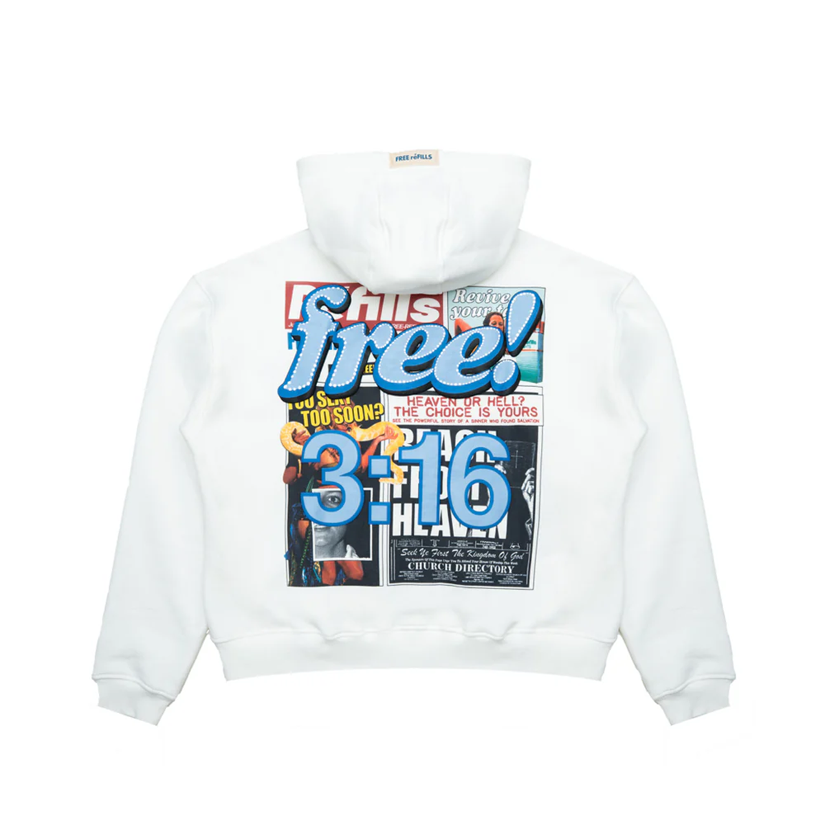 free refills tabloid off white zip hoodie back print with free 3:16 text