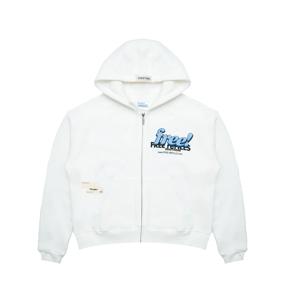White hoodie with a free refills brand logo on a white background