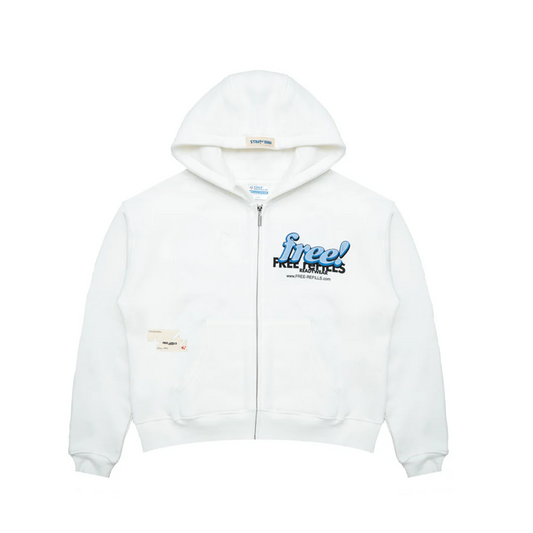 White hoodie with a free refills brand logo on a white background