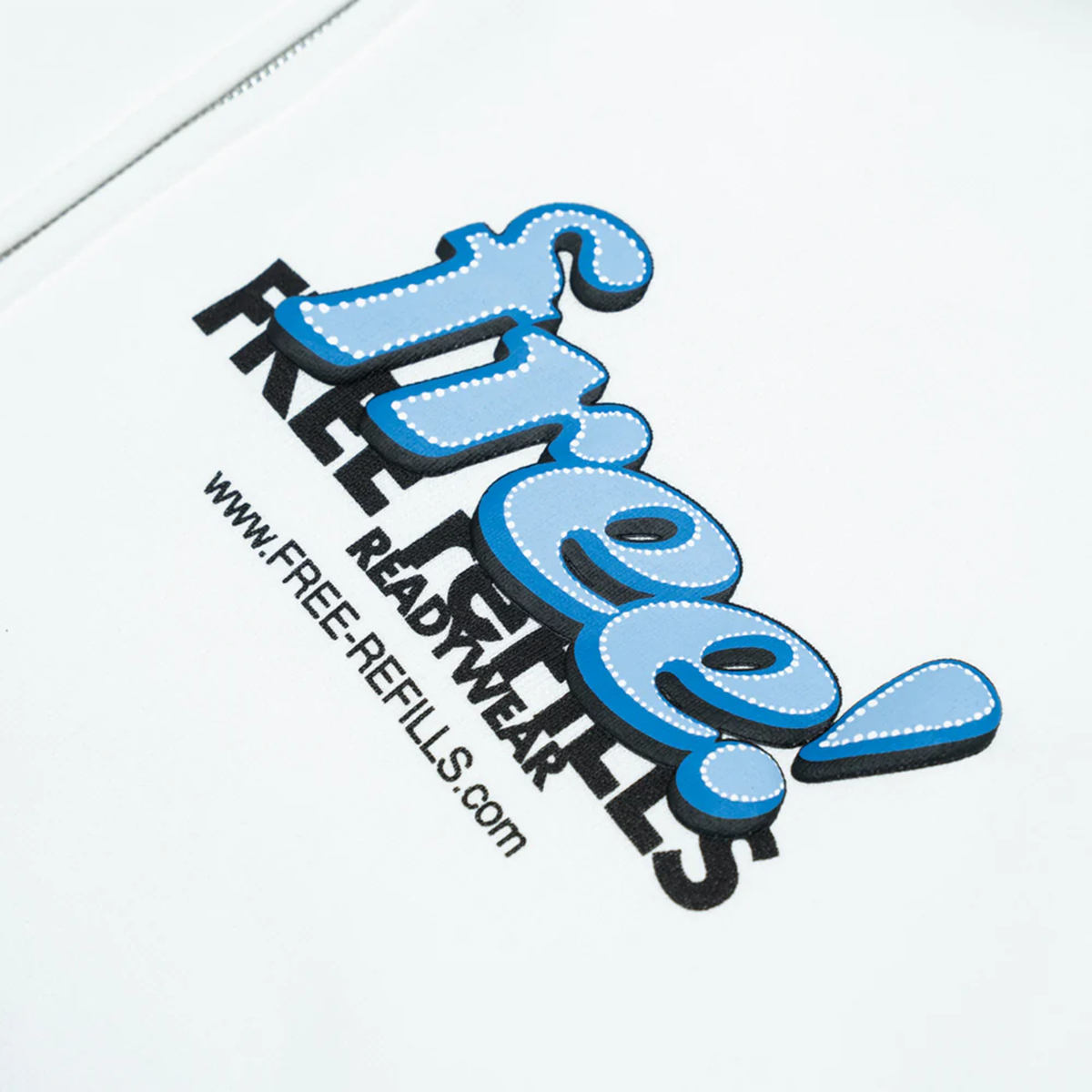 Blue and black FREE REFILLS text on a white background