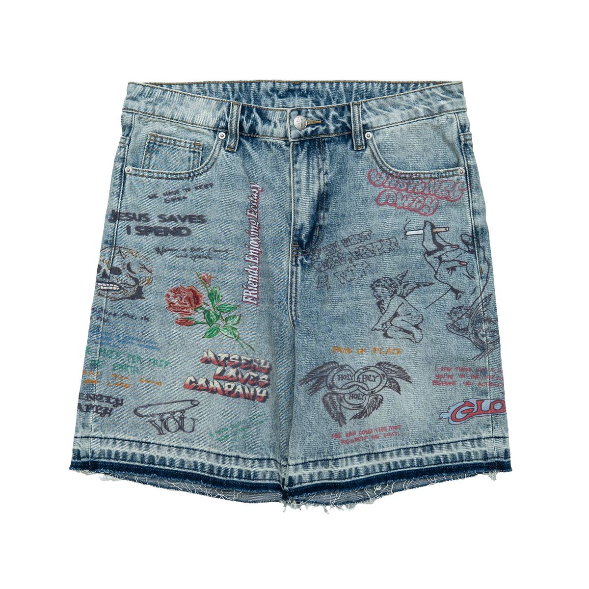 Free Refills | Graffiti Jorts - Blue Wash