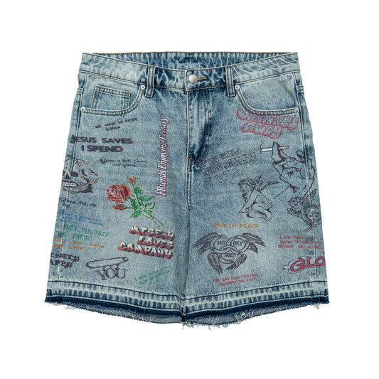Free Refills | Graffiti Jorts - Blue Wash