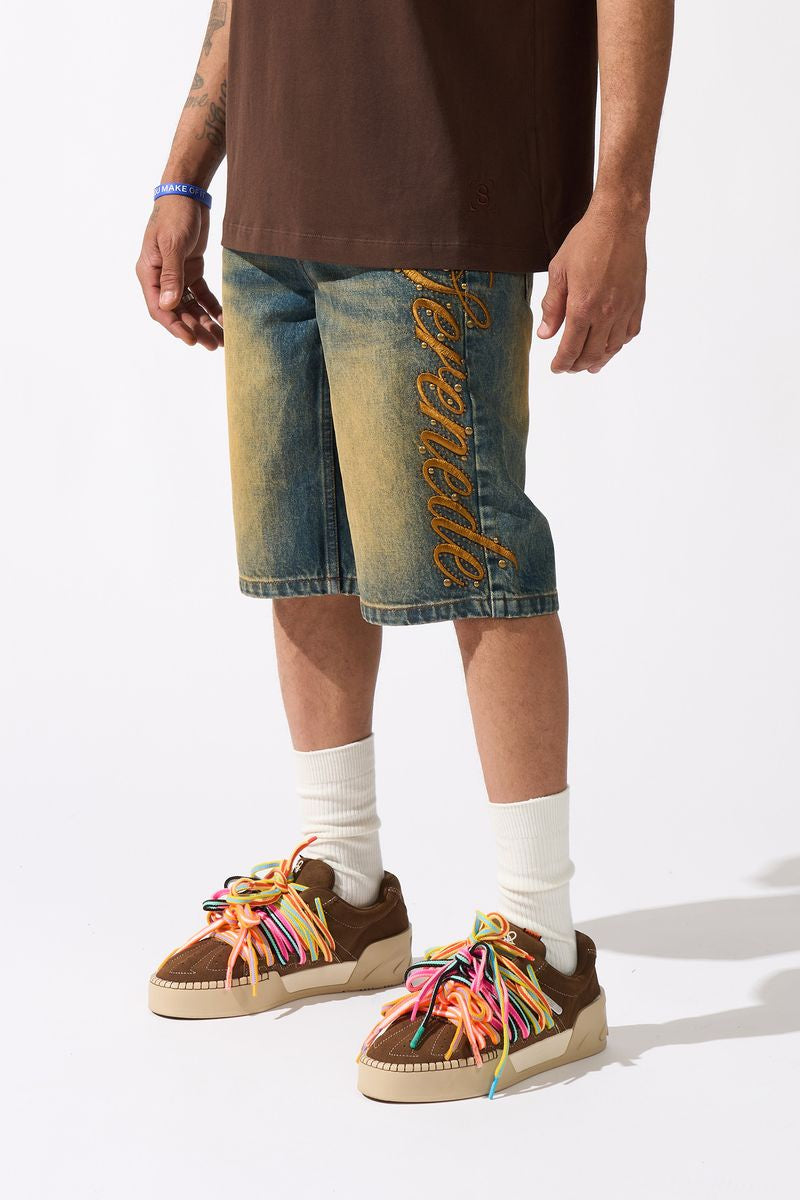 Serenede | Side Script Dark Denim Shorts