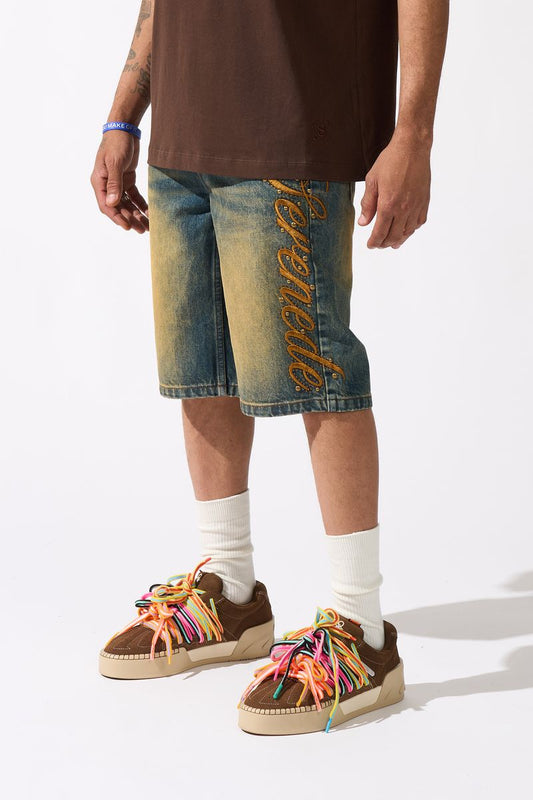 Serenede | Side Script Dark Denim Shorts