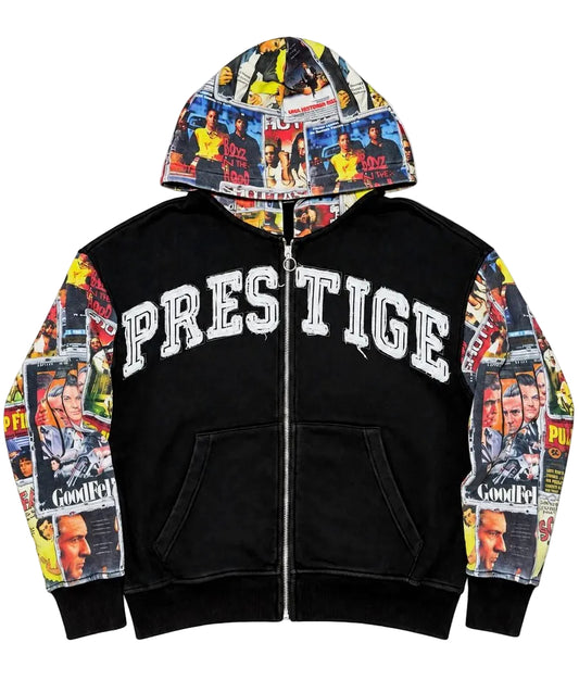 Black zip-up hoodie featuring a Prestige logo, cinema-themed photo collage on the hood and sleeves, and front pockets.