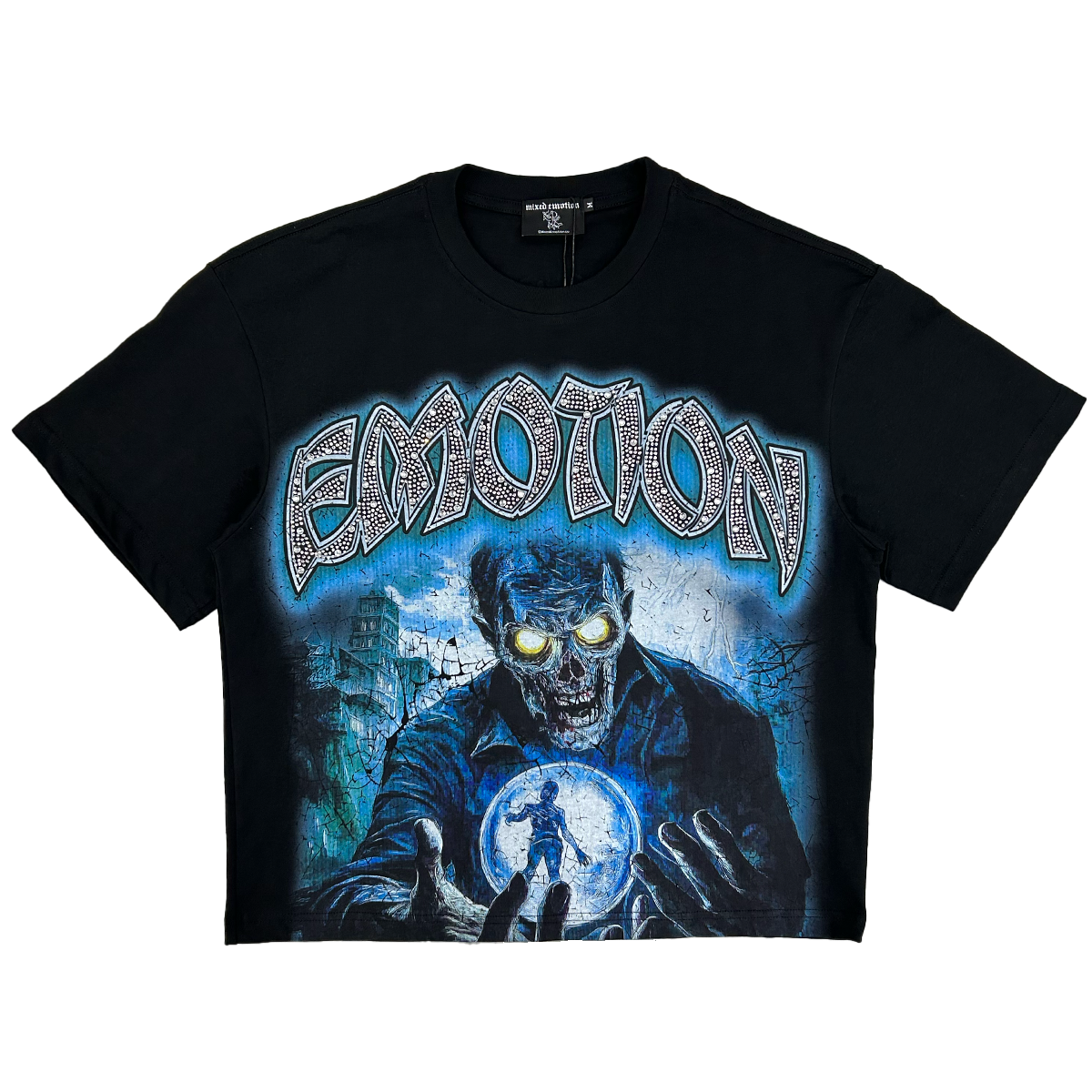 Mixed Emotion “Spirit Vision” black rhinestone tee with glowing skull and orb artwork