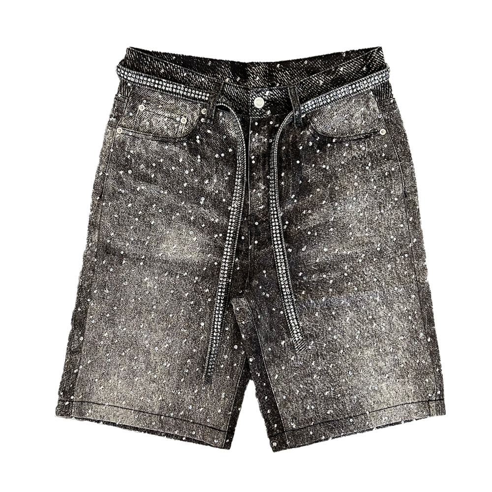 black printed denim shorts with all-over rhinestone embellishments and matching rhinestone belt – Undeveloped