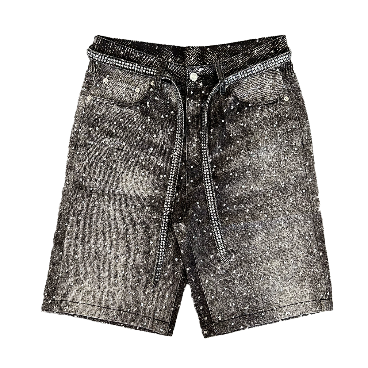 black printed denim shorts with all-over rhinestone embellishments and matching rhinestone belt – Undeveloped