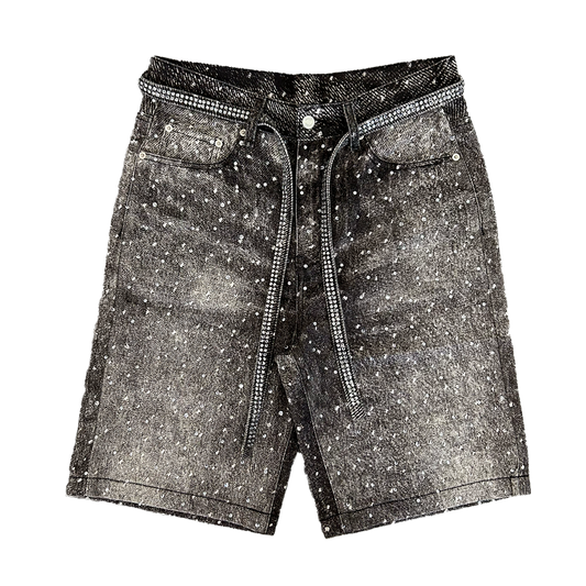 black printed denim shorts with all-over rhinestone embellishments and matching rhinestone belt – Undeveloped