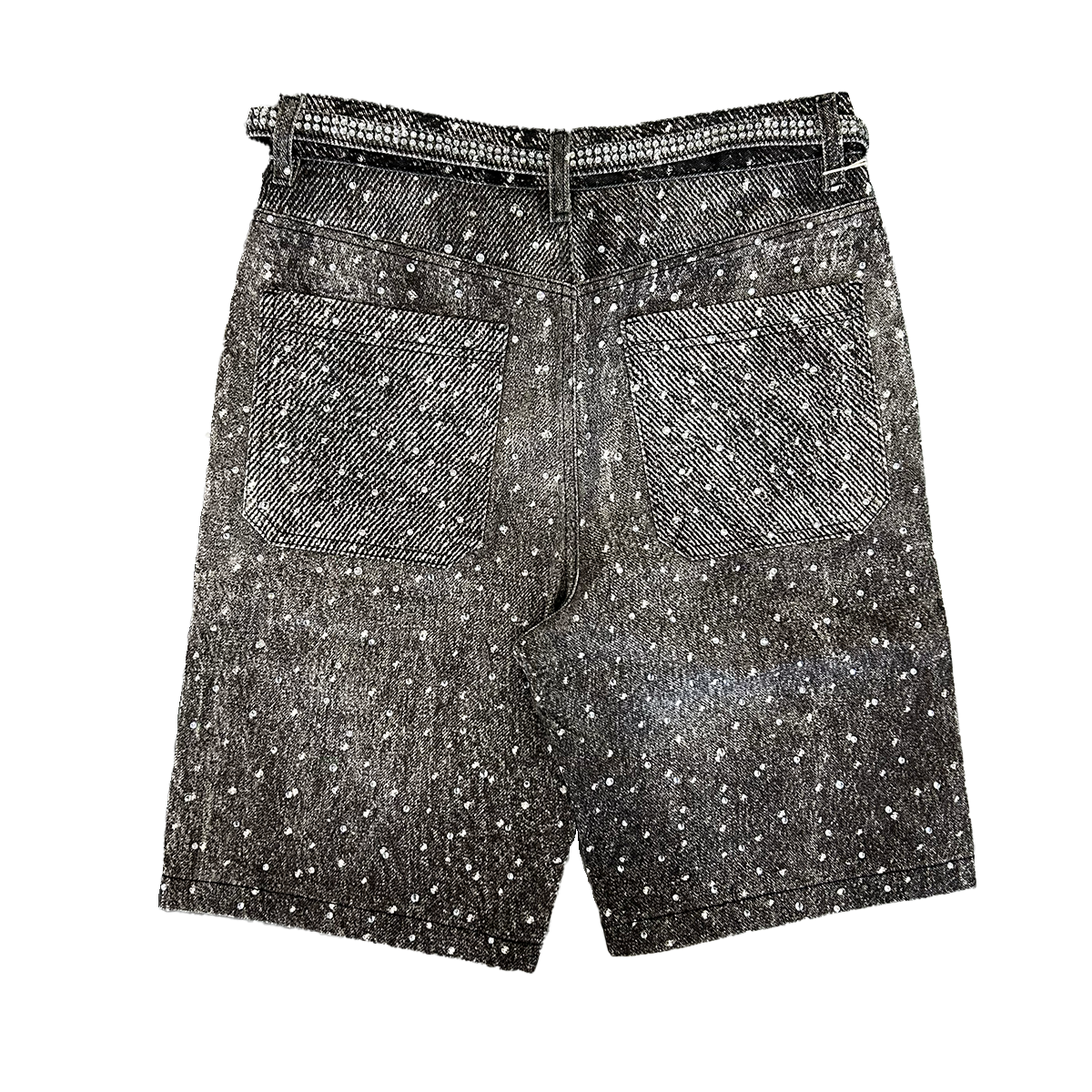 Back view of black printed denim shorts showcasing shimmering rhinestone accents and detailed printed wash – Undeveloped